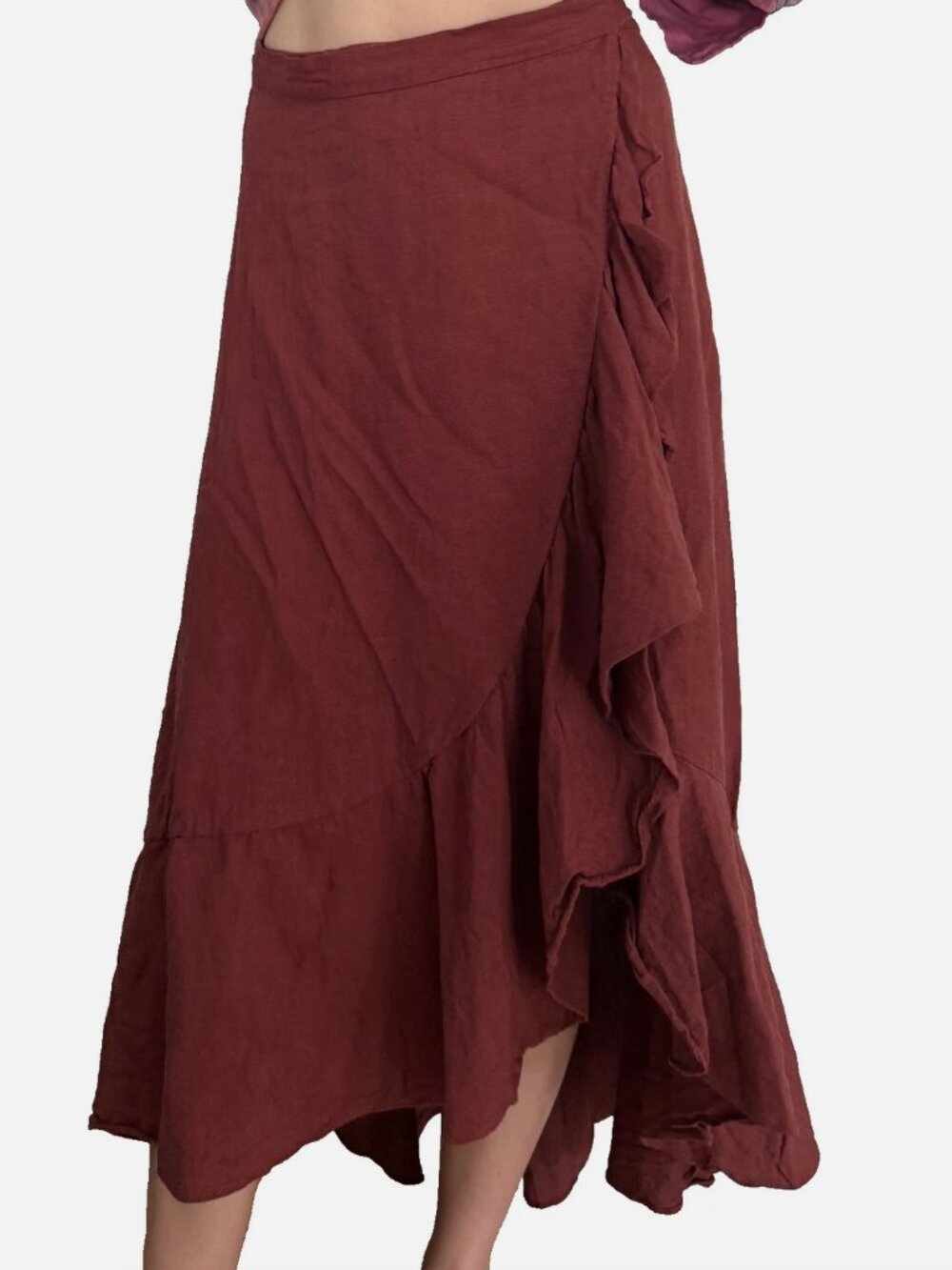 Arkitaip Catalina Linen Wrap Skirt Rust Orange Red Ruffle Tie Boutique Handmade